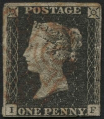 SG2 1d Black IF plate 6, 4 close margins worn plate Red Maltese cross