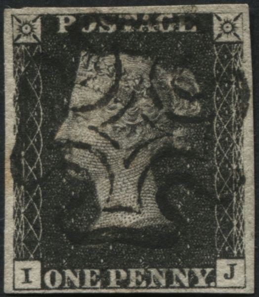 SG2 1d Black IJ plate 6 with 4 large margins, has 100% Black Maltese cross superbly struck