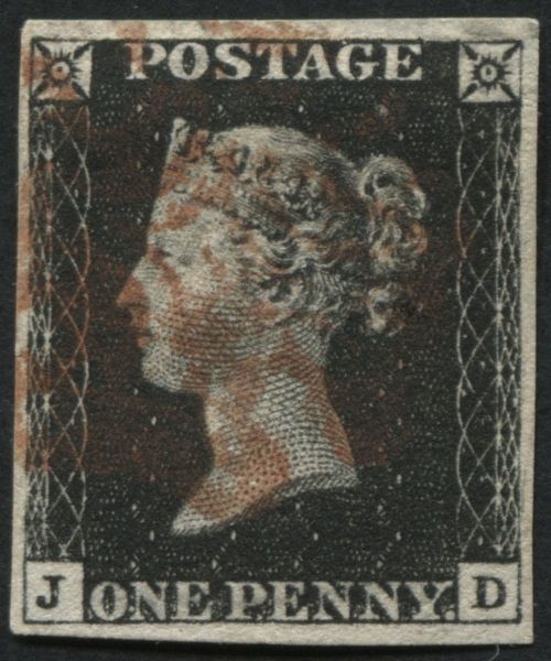 SG2 1d Black JD, has pale Red Maltese cross & 4 clear margins