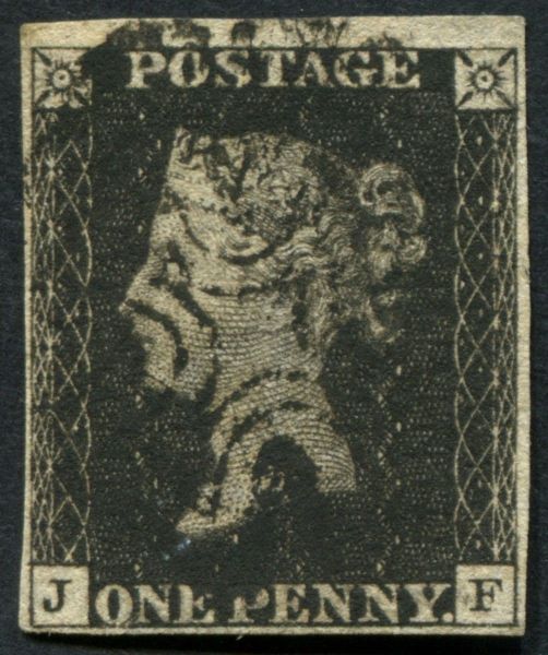 SG2 1d Black JF plate 8, 4 margins v fine Black Maltese cross