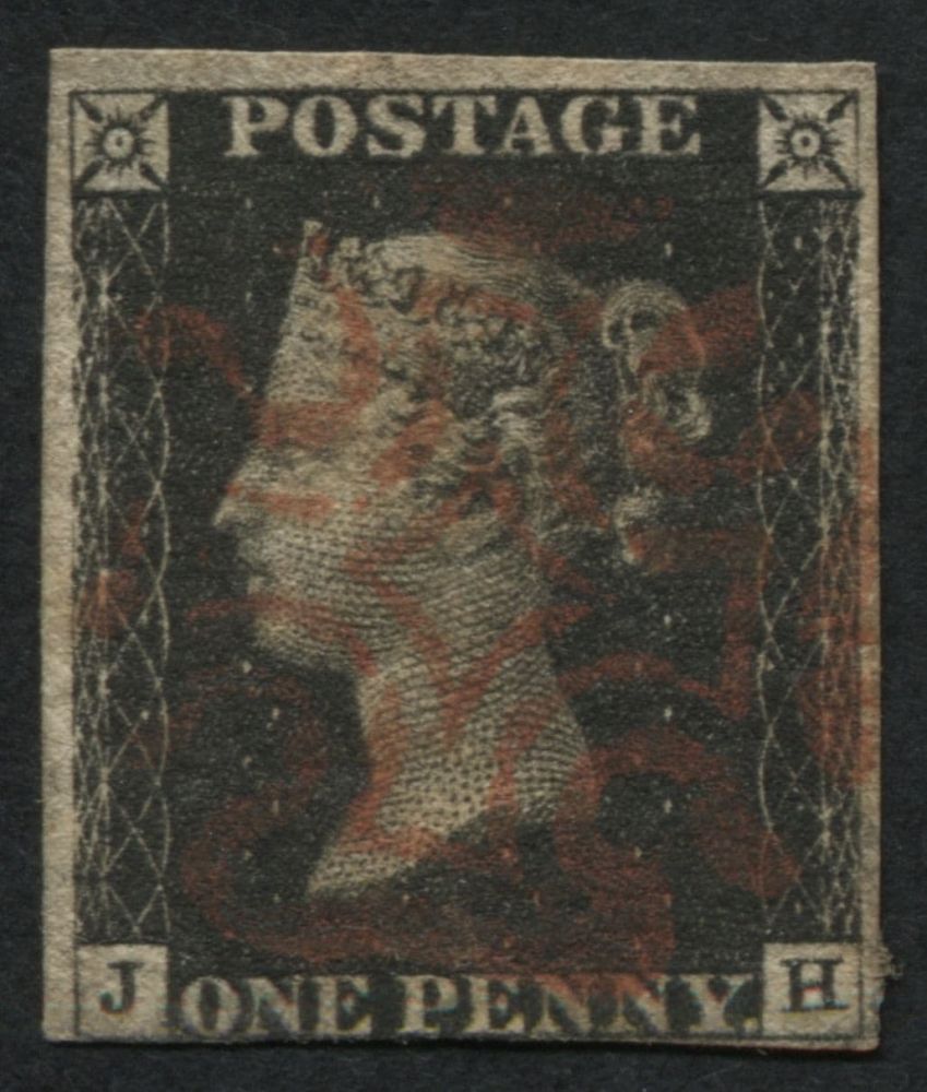 SG2 1d Black JH fine 3 margins, Red Maltese cross