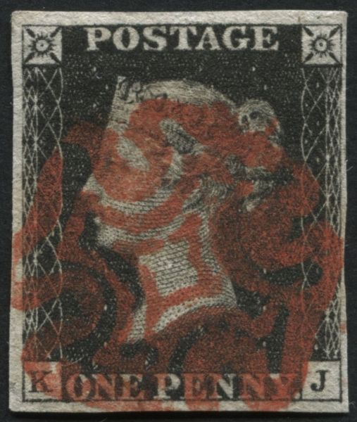 SG2 1d Black KJ 4 margins, fine Red Maltese cross