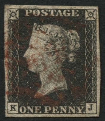 SG2 1d Black KJ on early impression of plate 1A, fine 4 margins Red Maltese cross