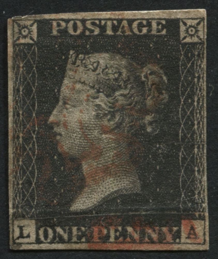 SG2 1d Black LA fine Red Maltese cross, has 4 close margins