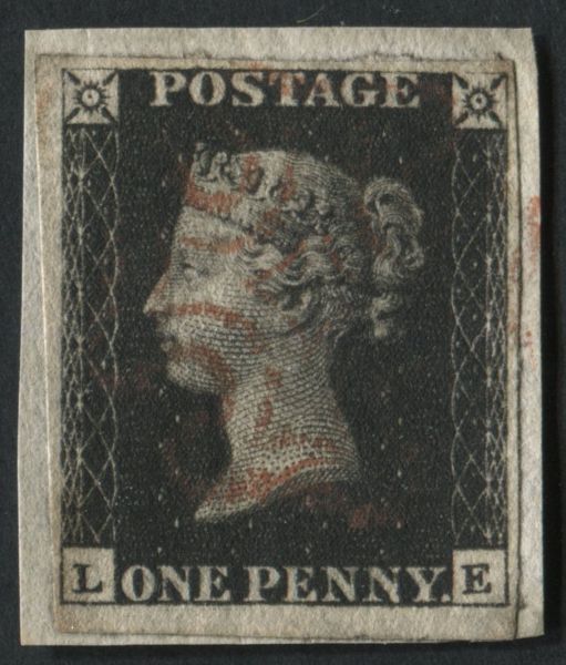 SG2 1d Black LE Pl.5 good margins all round, tied to small piece