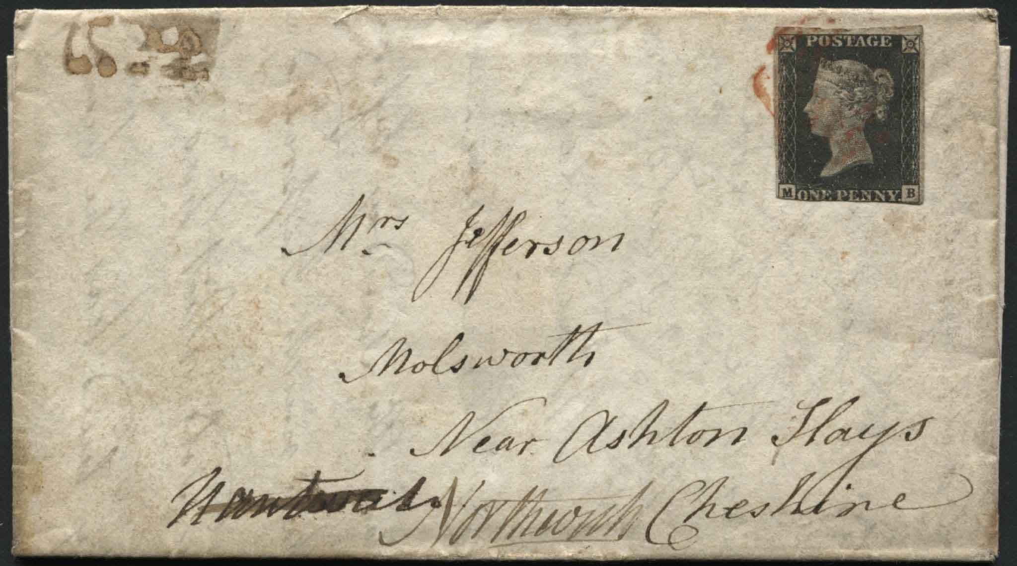 SG2 1d Black MB long letter, used 3 margins at Northwich, Cheshire, large letter