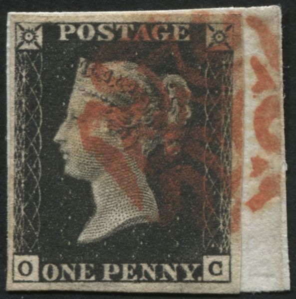 SG2 1d Black OC 4 margin tied to piece, v fine example clear profile plate 4, brilliant used