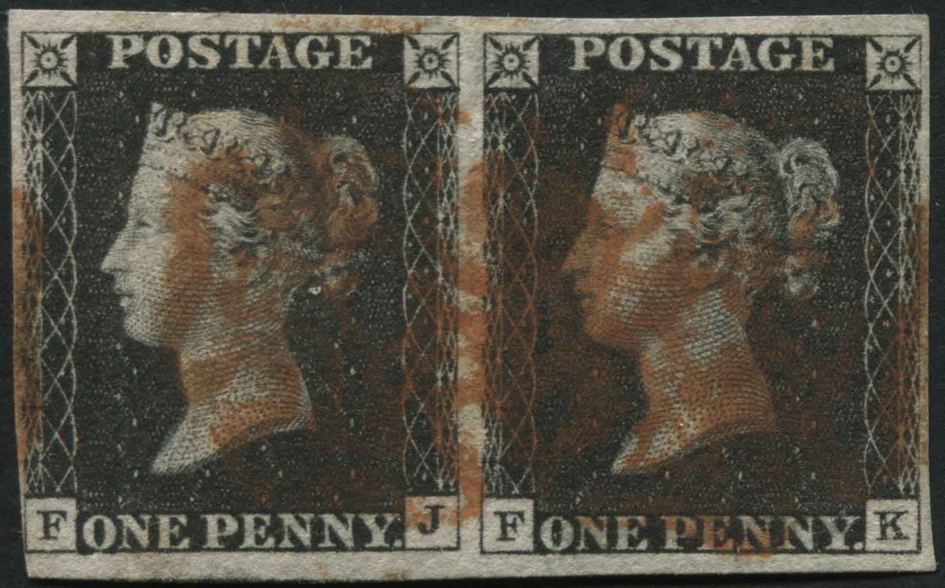 SG2 1d Black pair FJ-FK, both stamps have 4 margins FJ close at left, Red MX on each