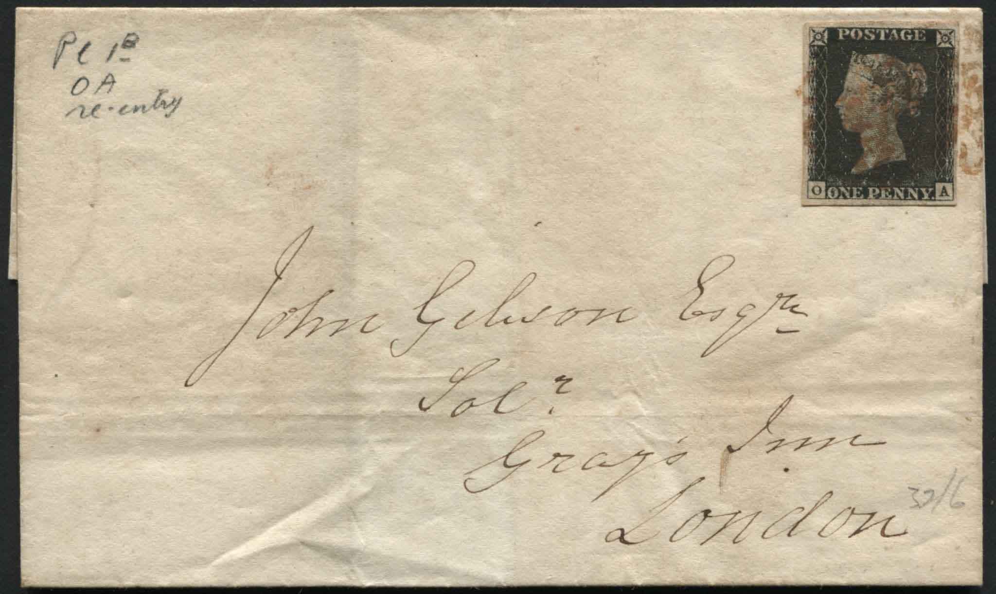 SG2 1d Black Pl.1B 4 good margins tied to wrapper, has letters OA re entry, neat and attractive