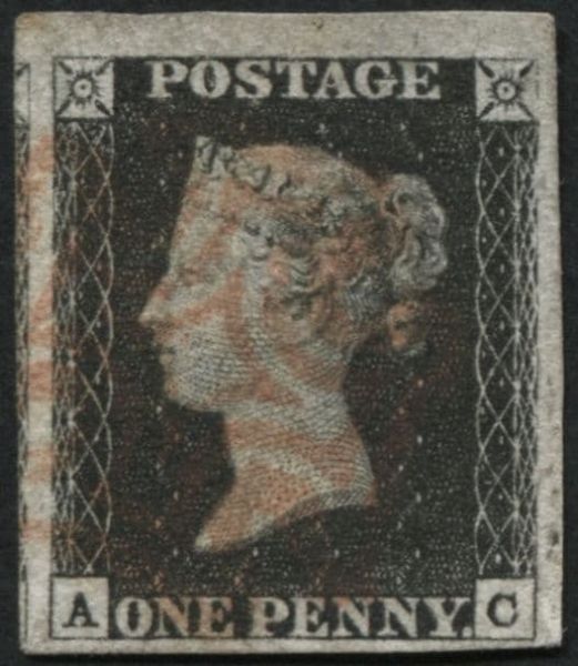 SG2 1d Black Pl.1B AC, delicate impression with 4 large/very large margins, pale Red MX