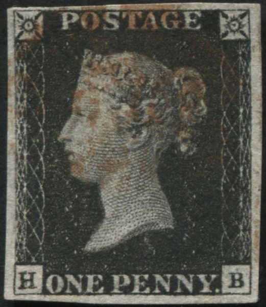 SG2 1d Black Pl.1B HB re-entry from original plate 1A, with Red MXcross and 4 clear margins