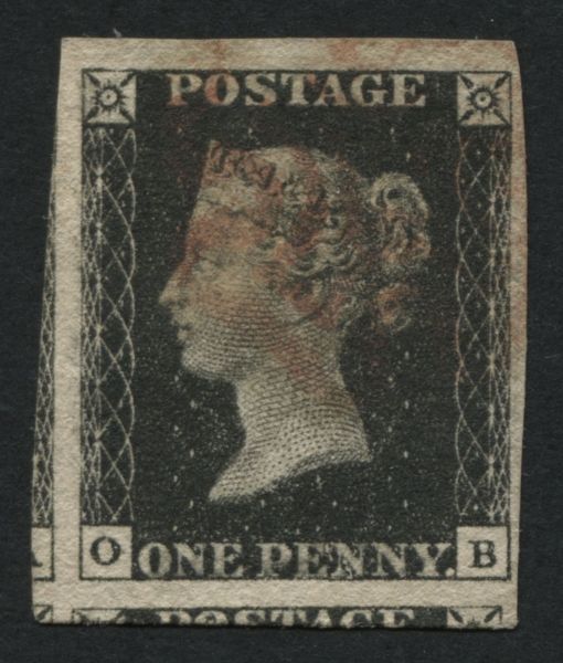 SG2 1d Black Pl.7 OB, cut 4 clear to enormous margins Red Maltese cross