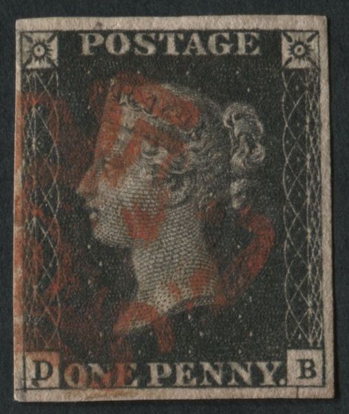 SG2 1d black plate 10 DB used with Carmine red maltese cross, 4 good margins