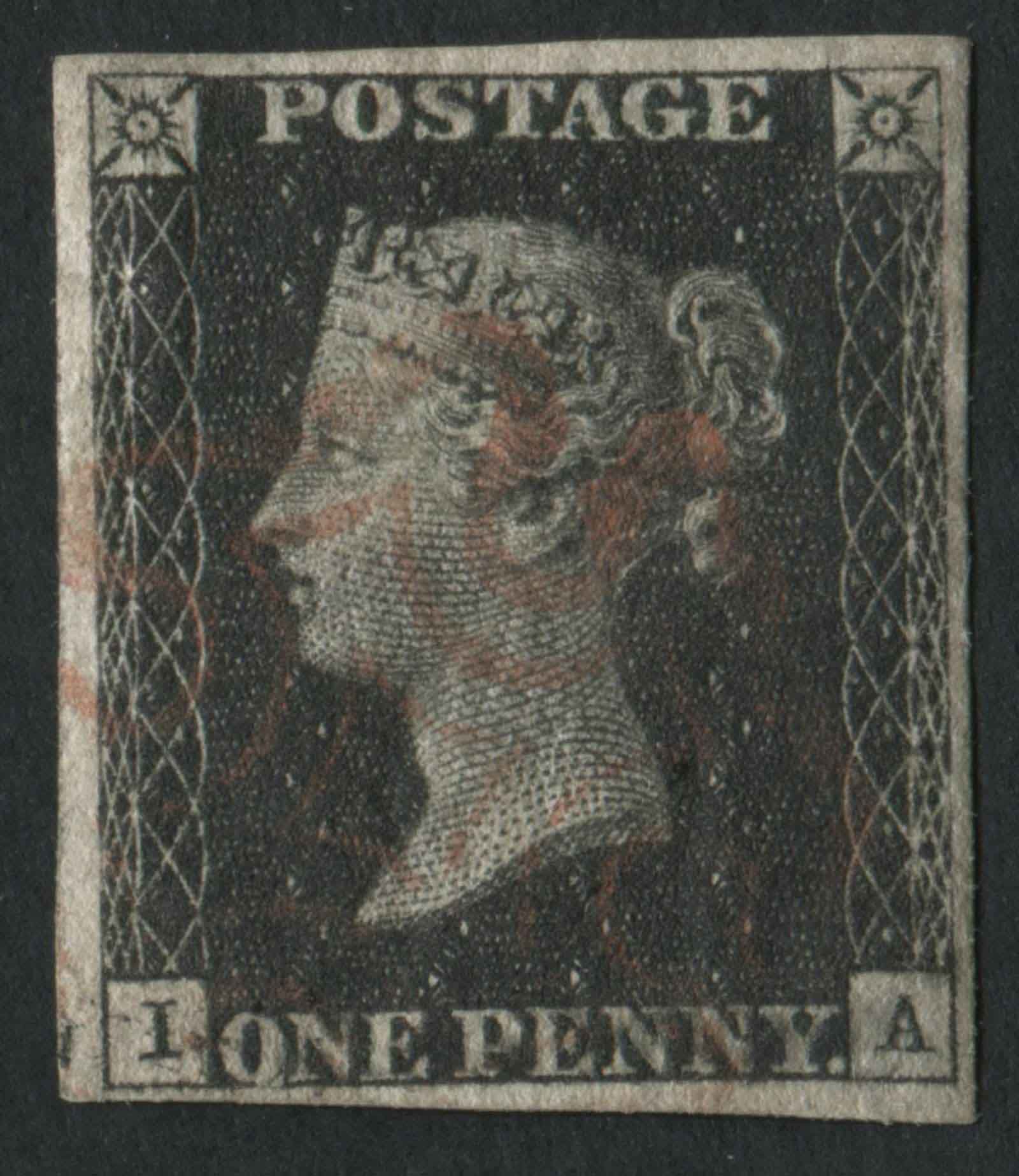 SG2 1d black plate 10 IA, 4 large margins sporting the scarce Maltese cross in red