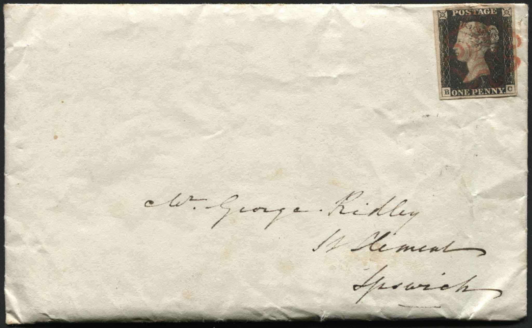 SG2 1d Black plate 1B BC with 4 large margins, tied to early envelope sent 27th May 1840