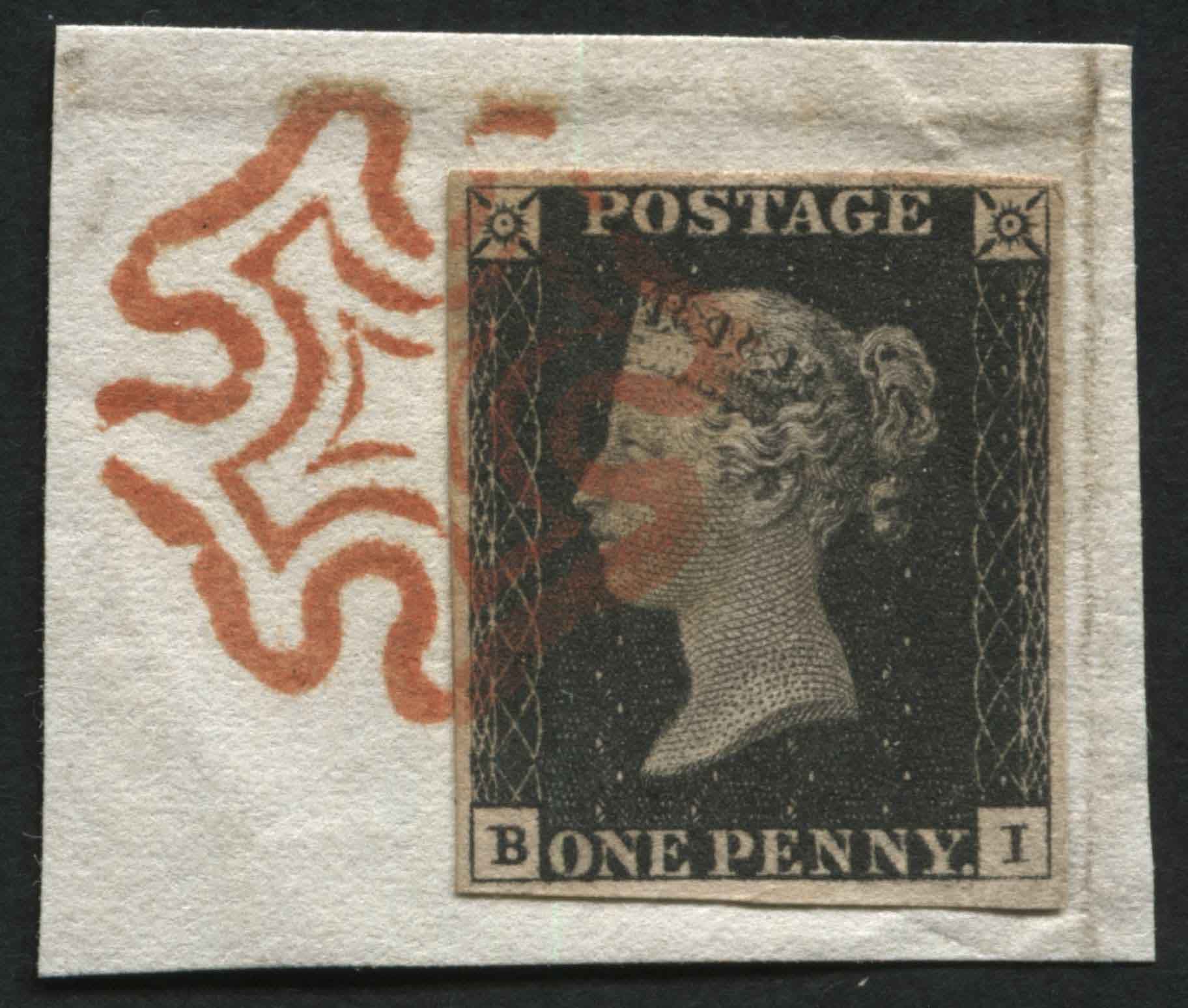 SG2 1d Black plate 1B BI tied to piece, punched bright Red Maltese cross at top left