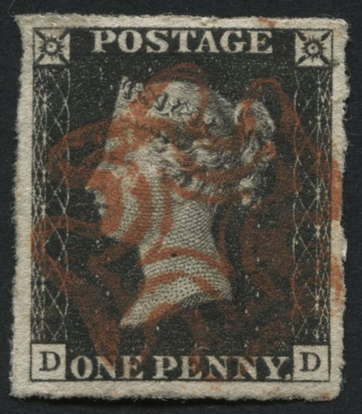 SG2 1d Black plate 1B DD with large margins, fine Red Maltese cross