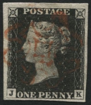 SG2 1d Black plate 1B JK 4 good margins, light pale Red Maltese cross