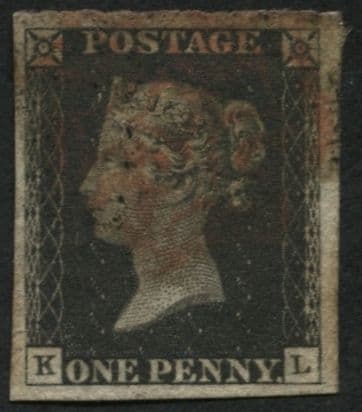 SG2 1d Black plate 1B KL, fine used 4 large margins fine Red Maltese cross