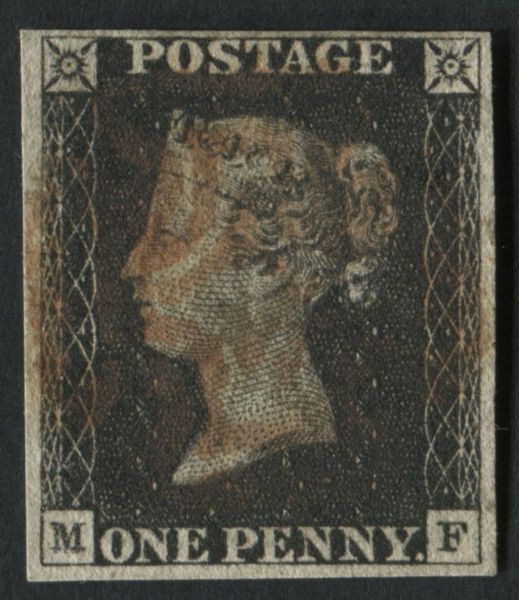 SG2 1d black plate 1B MF 4 clear margins with v fine double M letter pale red MX