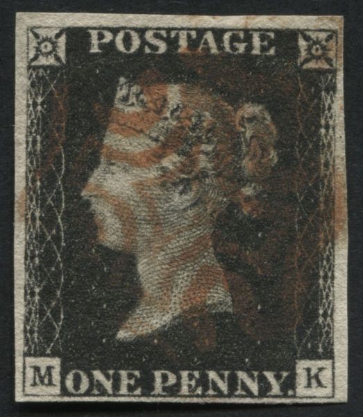 SG2 1d Black plate 1B MK, 4 wide margins and v fine Red Maltese cross, re entry at NE square