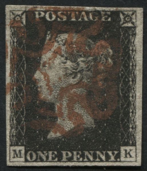 SG2 1d Black plate 1B MK, has 4 good margins fine Red Maltese cross