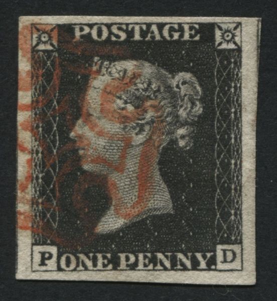 SG2 1d Black plate 1B PD used with 4 large to very large margins, Red Maltese cross