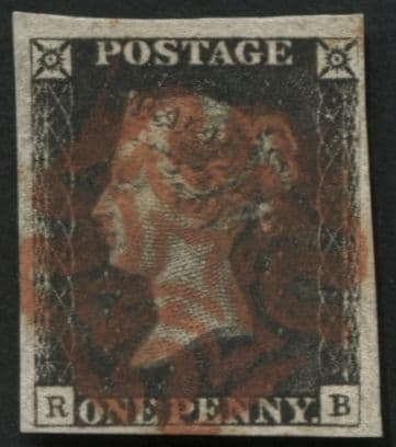 SG2 1d Black plate 1B RB with 4 good or large margins, complete Red Maltese cross