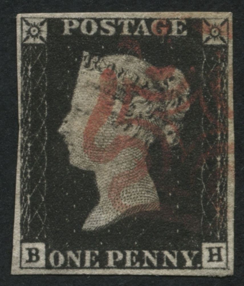 SG2 1d Black plate 2 a v fine impression, 4 large even margins bright Rose Maltese cross BH