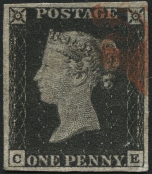 SG2 1d Black plate 2 CE superb with 4 large margins, part Red Maltese cross at NE corner