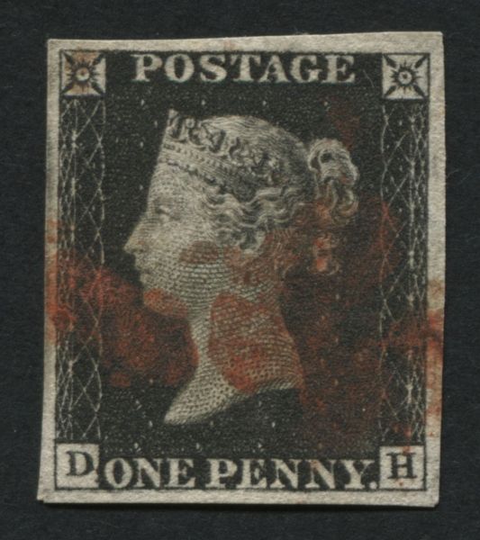 SG2 1d Black plate 2 DH with 4 clear to large margins, Red Maltese cross clear of profile