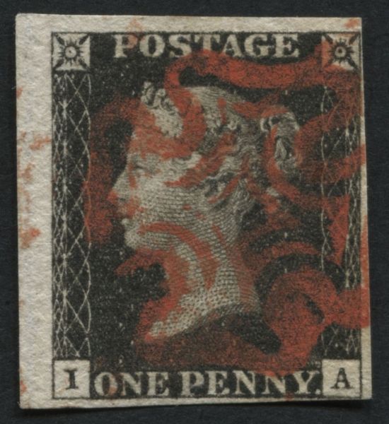 SG2 1d Black plate 2 IA with 4 close to large margins, Red Maltese cross