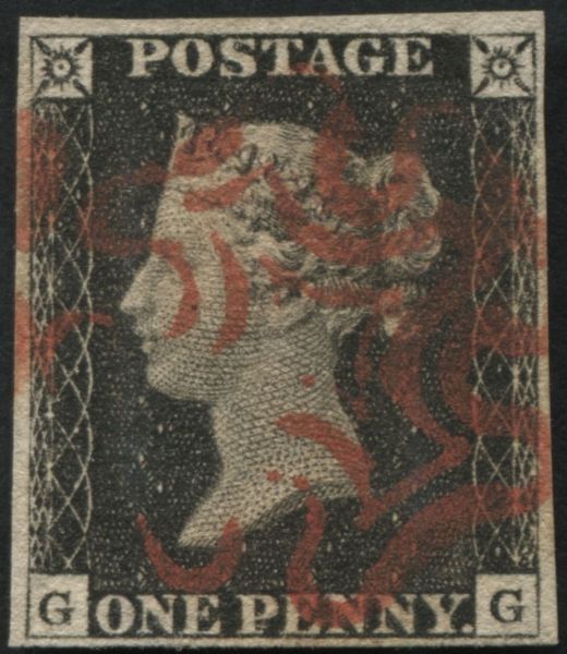 SG2 1d Black plate 3 GG, F/U in Red with 4 clear margins