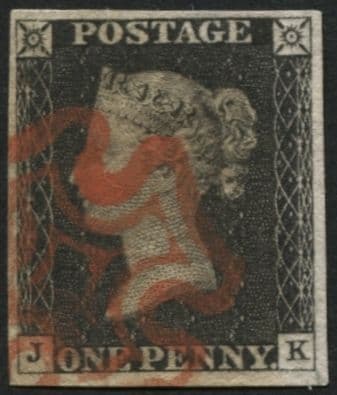 SG2 1d Black plate 3 JK, superb bright Red Maltese cross 4 large margins