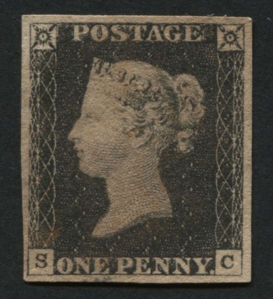 SG2 1d Black plate 3 SC, 4 good margins with pale Rose tint cancel - unusual