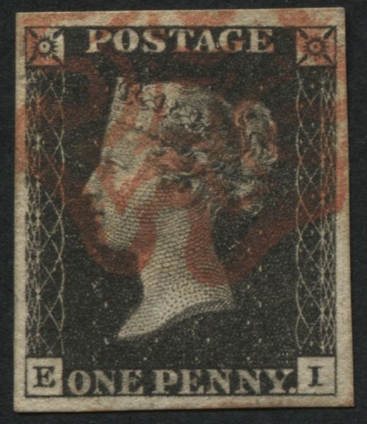 SG2 1d Black plate 4 EI with 4 large margins, v fine Red Maltese cross