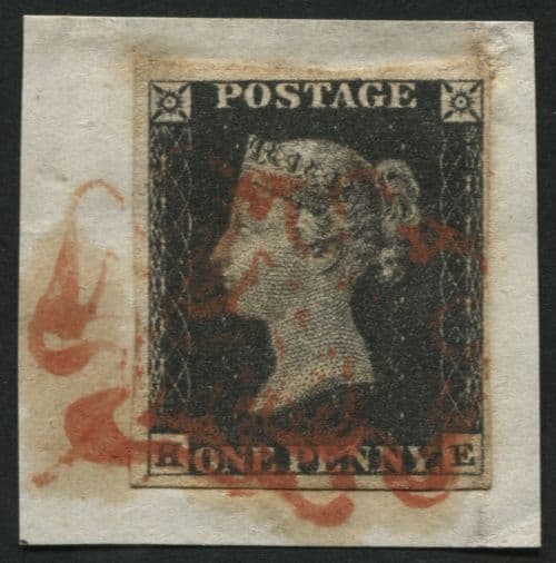 SG2 1d Black plate 4 HE, 4 clear margins tied to small piece, Red Maltese cross