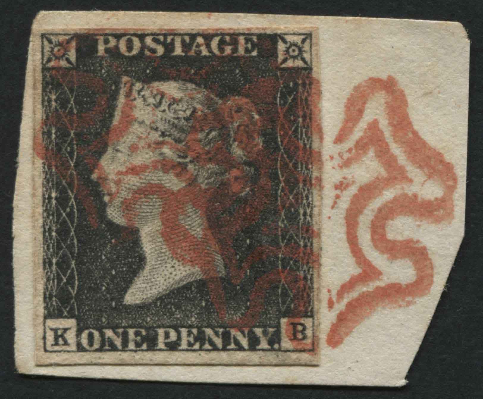 SG2 1d Black plate 4 KB, 4 clear margins tied to piece with double Red Maltese cross cancel