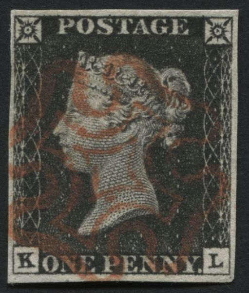 SG2 1d Black plate 4 KL, 4 good even margins pale Red Maltese cross in centre