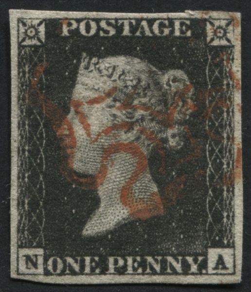 SG2 1d Black plate 4 NA, has 4 good margins Vermilion Red Maltese cross