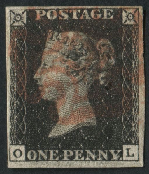 SG2 1d black plate 4 OL used, 4 good to large margins cancelled orange red Maltese cross