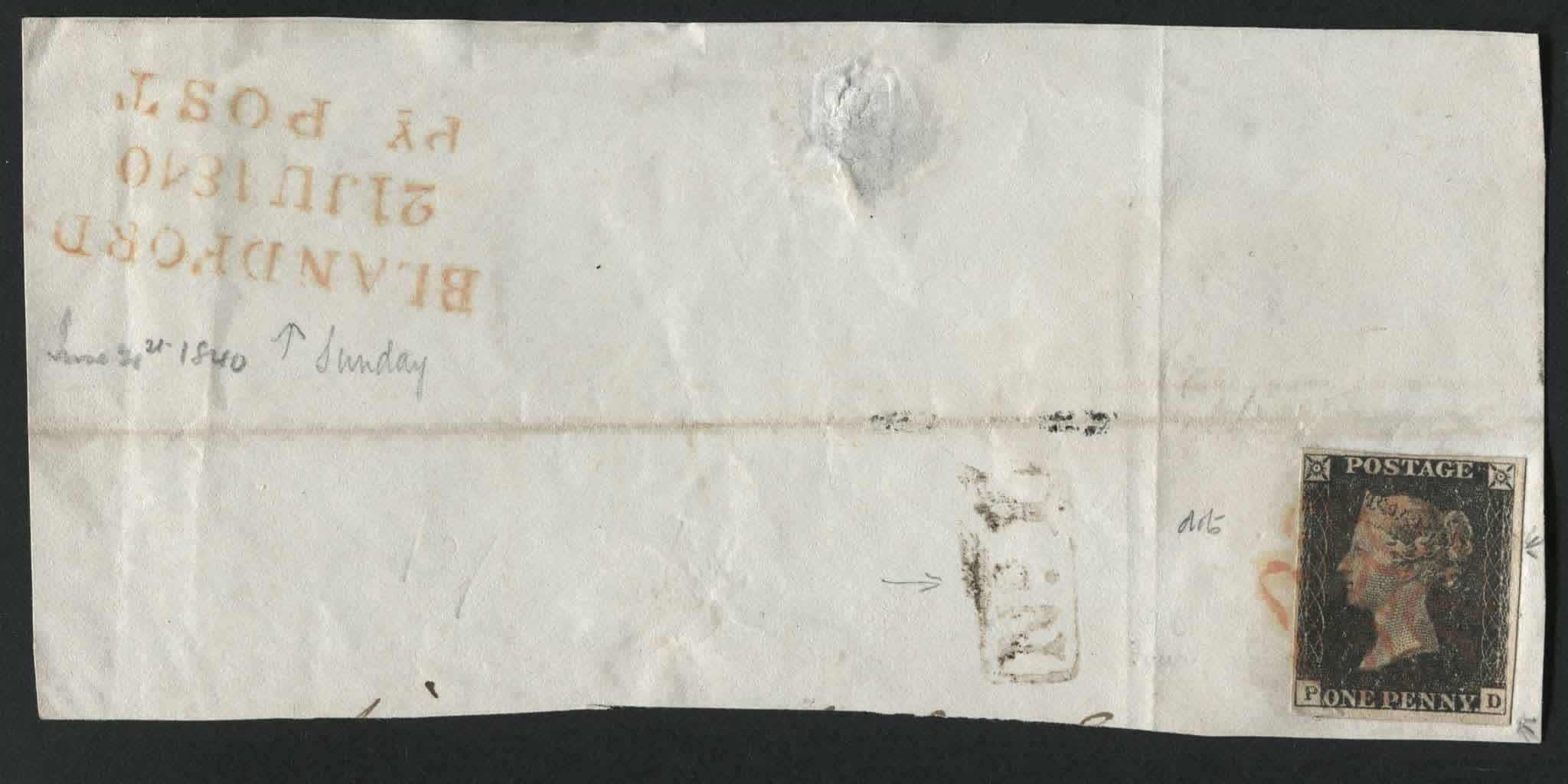 SG2 1d Black plate 4 PD, 4 margins tied to large piece with Blandford Sunday date