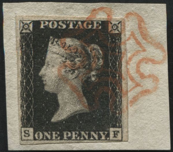 SG2  1d Black plate 4 SF with 4 clear margins tied to small piece with excellent Red Maltese cross