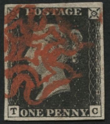 SG2 1d Black plate 4 TC 4 good margins, bright Red Maltese cross