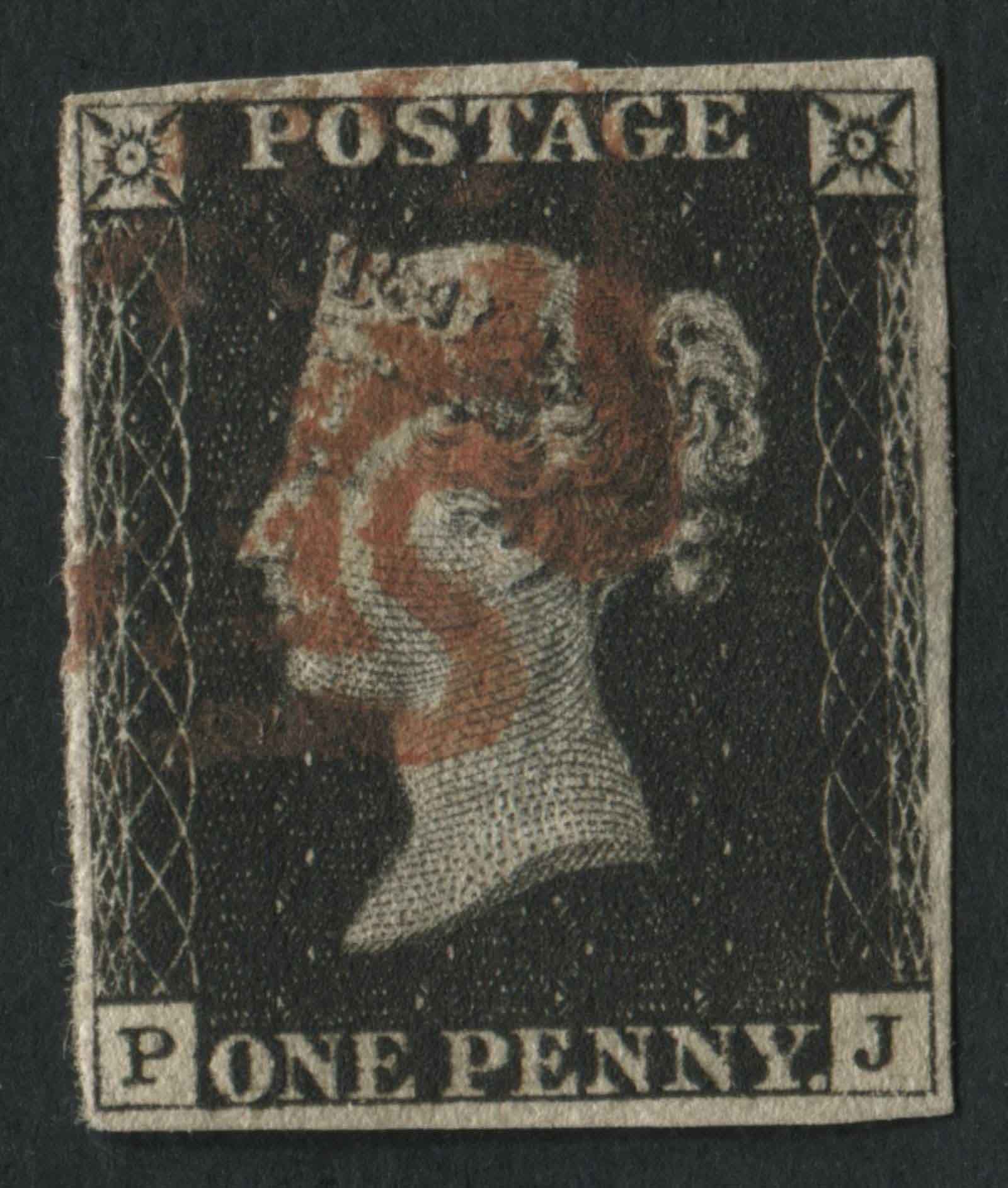 SG2 1d black plate 5 PJ fine used, Mahogany red Maltese cross variety double P