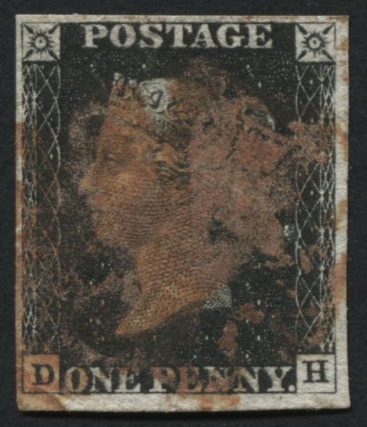 SG2 1d Black plate 6 DH indistinct Red Maltese cross, 4 good margins