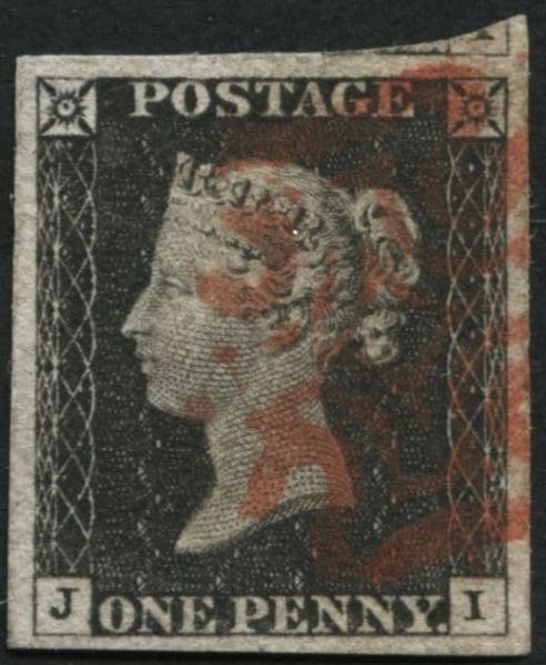 SG2 1d Black plate 6 JI Red Maltese cross, large margins showing portion of adjoining stamp