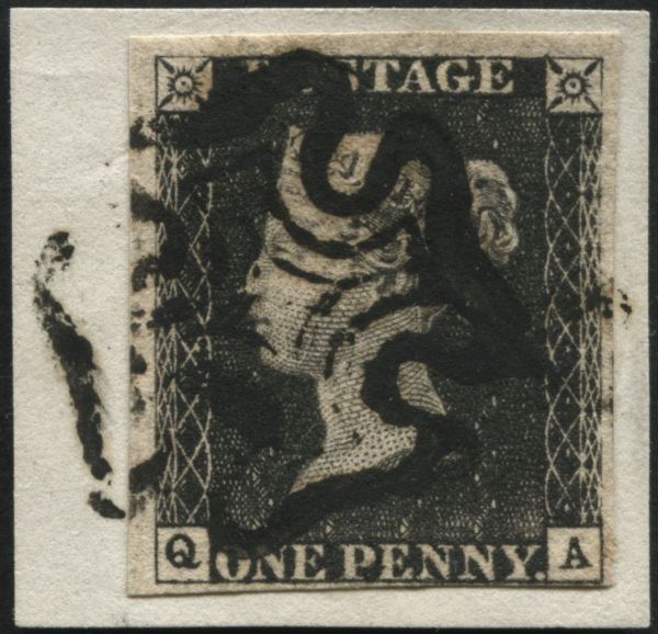 SG2 1d Black plate 6 QA, F/U tied to piece with Black Maltese cross Cat 350, 4 margins