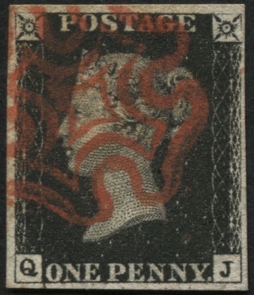 SG2 1d Black plate 6 QJ re entry, clear to good margins crisp impression, bright Vermilion MX