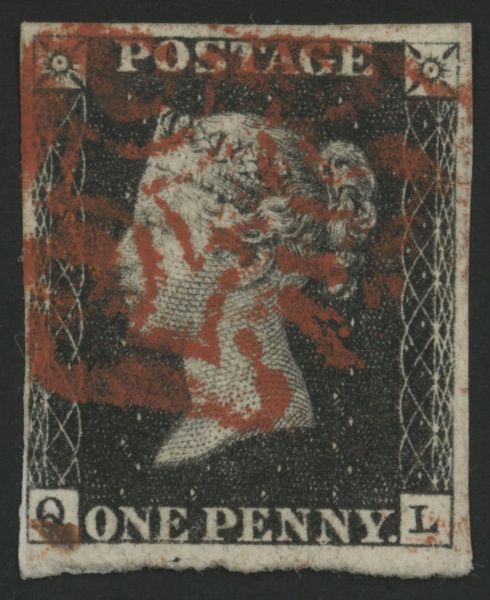 SG2 1d Black plate 6 QL, 4 clear margins nice bright Red Maltese cross